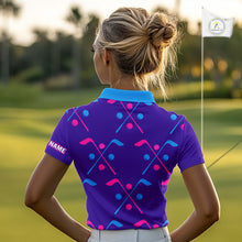 Load image into Gallery viewer, Womens Golf Polo Shirts Blue Purple Pink Custom Golf Balls And Golf Clubs Pattern, Team Golf Shirt NHN0105