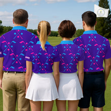 Load image into Gallery viewer, Womens Golf Polo Shirts Blue Purple Pink Custom Golf Balls And Golf Clubs Pattern, Team Golf Shirt NHN0105