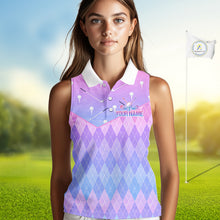 Load image into Gallery viewer, Argyle Womens Sleeveless Golf Polo Shirt Custom Pink &amp; Purple Golf Clubs Plaid Team Golf Top NHN0114