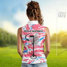 Load image into Gallery viewer, Camo Womens Disc Golf Sleeveless Polo Shirt Custom Name Pink Disc Golf Basket Apparel Team Disc Golf Outfit NHN0027
