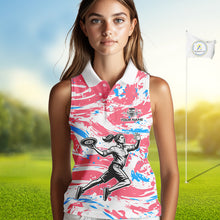 Load image into Gallery viewer, Camo Womens Disc Golf Sleeveless Polo Shirt Custom Name Pink Disc Golf Basket Apparel Team Disc Golf Outfit NHN0027