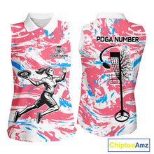 Load image into Gallery viewer, Camo Womens Disc Golf Sleeveless Polo Shirt Custom Name Pink Disc Golf Basket Apparel Team Disc Golf Outfit NHN0027