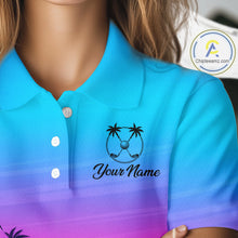 Load image into Gallery viewer, Pink Blue Neon Palm Pattern Womens Golf Polo Shirt Custom Golf Ball Blue Golf Tops, Golfer Gifts NHN0157