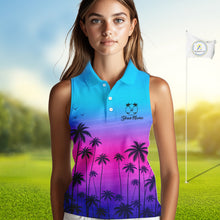 Load image into Gallery viewer, Pink Blue Neon Womens Sleeveless Golf Polo Shirt Custom Funny Blue Palm Golf Tops, Golfer Gifts NHN0157