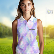 Load image into Gallery viewer, Violet And Blue Square Pattern Womens Sleeveless Golf Polo Shirt Custom Name Golf Tops For Ladies NHN0203
