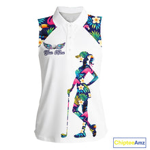 Load image into Gallery viewer, Funny Womens Sleeveless Golf Polo Shirt Custom Tropical Pattern, Flamingo Golf Shirts For Ladies NHN0099