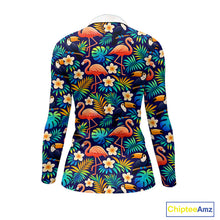Load image into Gallery viewer, Funny Womens Long Sleeve Golf Polo Shirt Custom Toucan Tropical Pattern, Flamingo Golf ShirtsNHN0099