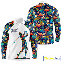 Load image into Gallery viewer, Funny Long Sleeve Golf Polo Shirt Custom Toucan Tropical Floral Pattern, Flamingo Golf Shirt For Men NHN0099