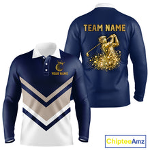Load image into Gallery viewer, Blue And White Long Sleeve Golf Polo Shirt Custom Gold Golfer Swing &amp; Golf Ball Graphic Team Polo NHN0115