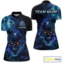 Load image into Gallery viewer, Front and back views of a black bowling  quarter zip shirt featuring a flaming skull with glowing orange eyes, blue smoke effects, and custom “TEAM NAME” and “YOUR NAME” text.