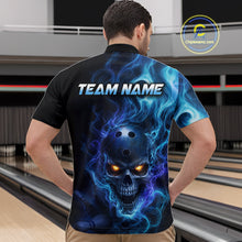 Load image into Gallery viewer, Man wearing a black bowling quarter zip shirt featuring a flaming skull with glowing orange eyes, blue smoke effects, and custom “TEAM NAME” text.