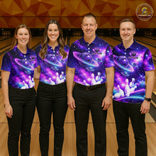 Load image into Gallery viewer, Four people wearing a purple galaxy bowling polo with ringed planet bowling balls, white pins, and custom player name text.