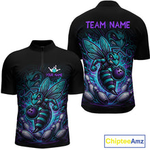 Load image into Gallery viewer, Front and back views of a black bowling quarter zip with teal and purple bee graphics, custom team text, bowling pins, and a purple bowling ball.