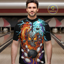 Load image into Gallery viewer, Man wearing a  black bowling quarter zip featuring a flaming skull graphic, lightning effects, bowling pins, and a black bowling ball, with custom player name text.