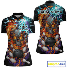 Load image into Gallery viewer, Front and back views of a black bowling quarter zip featuring a flaming skull graphic, lightning effects, bowling pins, and a black bowling ball, with custom team and player name text.