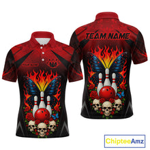 Load image into Gallery viewer, Front and back views of a red and black bowling polo shirt featuring flaming bowling pins, a red bowling ball, a blue butterfly, roses, skulls, and custom team and player name text.