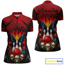 Load image into Gallery viewer, Front and back views of a red and black bowling quarter zip shirt featuring flaming bowling pins, a red bowling ball, a blue butterfly, roses, skulls, and custom team and player name text.