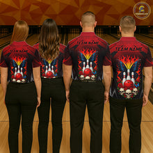Load image into Gallery viewer, Four people wearing red and black bowling polo shirt featuring flaming bowling pins, a red bowling ball, a blue butterfly, roses, skulls, and custom your name text.