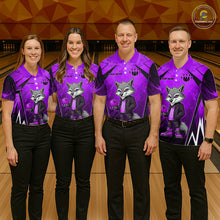 Load image into Gallery viewer, Four people wearing purple and black bowling polo shirt featuring a gray wolf mascot holding a purple bowling ball, with custom your name text.
