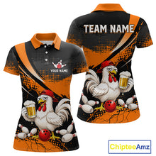 Load image into Gallery viewer, Front and back views of a orange and black bowling polo featuring a chicken holding a beer mug, red bowling ball, scattered pins, and custom team text.