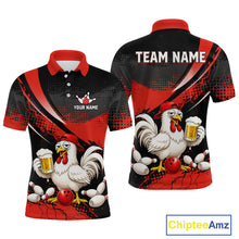 Load image into Gallery viewer, Front and back views of a red and black bowling polo featuring a chicken holding a beer mug, red bowling ball, scattered pins, and custom team text.