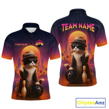 Load image into Gallery viewer, Custom retro funnt cat bowling jersey for men, personalized team bowling polo shirt front view and back view