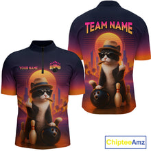 Load image into Gallery viewer, Custom retro funnt cat bowling jersey for men, personalized team bowling quarter zip shirt front view and back view