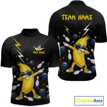 Load image into Gallery viewer, Black quarter zip shirt with a cartoon banana character and bowling elements, featuring 'Team Name' and 'Your Name' text on a white background.