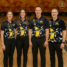 Load image into Gallery viewer, Four people wearing matching bowling shirts with a banana character design on a bowling alley.