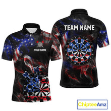 Load image into Gallery viewer, Front and back views of a black darts polo featuring patriotic American flag smoke graphics, dartboards, blue darts, and custom team and player name text.