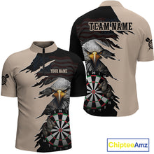 Load image into Gallery viewer, Front and back views of a beige and black darts quarter zip featuring a bald eagle, torn-flag graphics, dartboard designs, and custom team text.