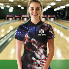 Load image into Gallery viewer, Woman wearing a custom bowling shirt with American flag design and 'Your Name' text in a bowling alley.