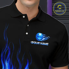 Load image into Gallery viewer, Black polo shirt with blue flame design and customizable text on a dark background