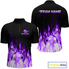 Load image into Gallery viewer, Black bowling shirt with purple flames and bowling ball design, front and back views, on a white background.