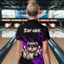 Load image into Gallery viewer, Women’s purple Bulldog bowling polo shirt, back view on female model in bowling lane 