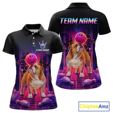 Load image into Gallery viewer, Women’s retro Bulldog neon synthwave bowling polo shirt with custom name, front view on white background.