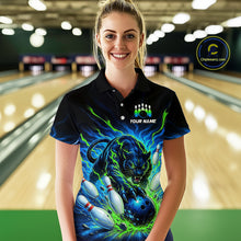 Load image into Gallery viewer, Woman wearing a custom bowling shirt with a panther design in a bowling alley.
