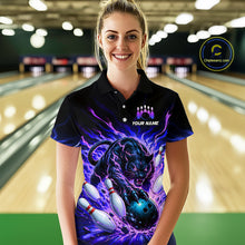 Load image into Gallery viewer, Woman wearing a custom bowling shirt with a panther design in a bowling alley.