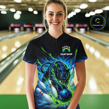 Load image into Gallery viewer, Person wearing a custom bowling shirt with a green and blue tiger design in a bowling alley.