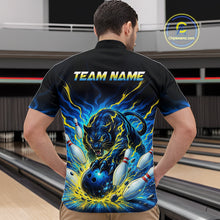 Load image into Gallery viewer, Man wearing a black bowling shirt with a panther design and 'TEAM NAME' text in a bowling alley.