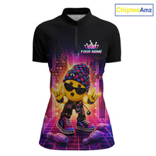 Load image into Gallery viewer, Custom neon synthwave rocker bowling jersey for women, personalized team bowling quarter zip shirt front view.