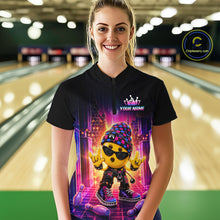 Load image into Gallery viewer, Women’s neon synthwave rocker bowling quarter zip shirt, front view on female model in bowling lane 
