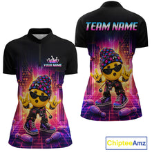 Load image into Gallery viewer, Custom neon synthwave rocker bowling jersey for women, personalized team bowling quarter zip shirt front view and back view.