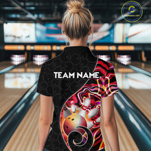 Load image into Gallery viewer, Women’s red neon wave bowling polo shirt, back view on female model in bowling lane