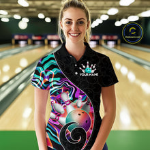 Load image into Gallery viewer, Women’s turquoise neon wave bowling polo shirt, front view on female model in bowling lane