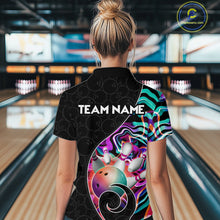 Load image into Gallery viewer, Women’s turquoise neon wave bowling polo shirt, back view on female model in bowling lane