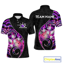 Load image into Gallery viewer, Men’s purple neon wave strike bowling shirt with custom name, front view polo design on white background