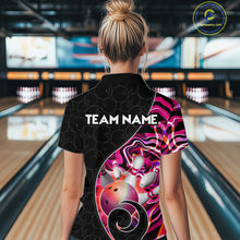 Load image into Gallery viewer, Women’s pink neon wave bowling polo shirt, back view on female model in bowling lane