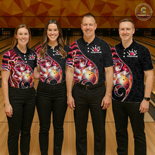 Load image into Gallery viewer, Group of  bowlers in red neon wave team shirts, personalized bowling uniforms front view
