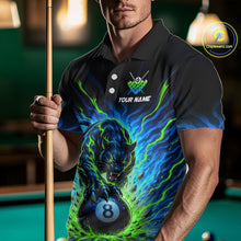 Load image into Gallery viewer, Person wearing a black polo shirt with a colorful design of a panther and number 8 ball, holding a pool cue in a billiards setting.